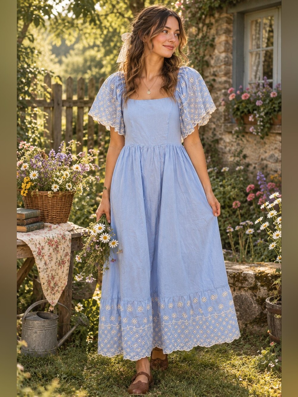 English Factory Light Blue Eyelet Maxi Dress